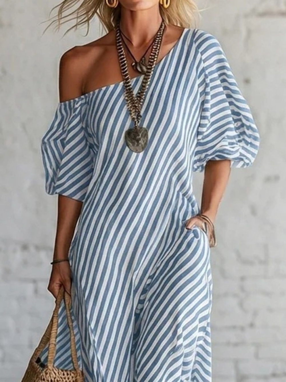 Blue Full Size Striped One-Shoulder Casual Maxi Dress Multiple Sizes - Picture 2 of 3